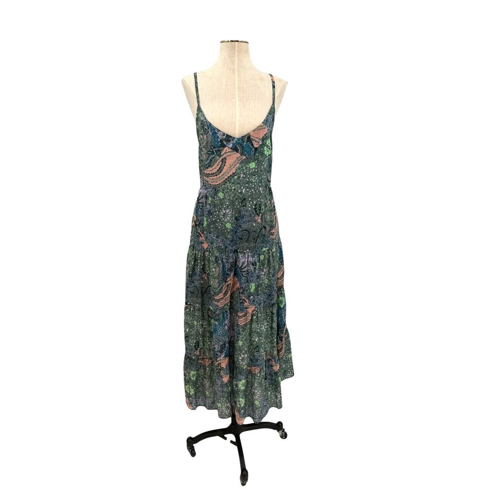 Self Contrast Kali Maxi Dress‎ Paisley Boho Tiered Cotton Maxi Blue Green Medium